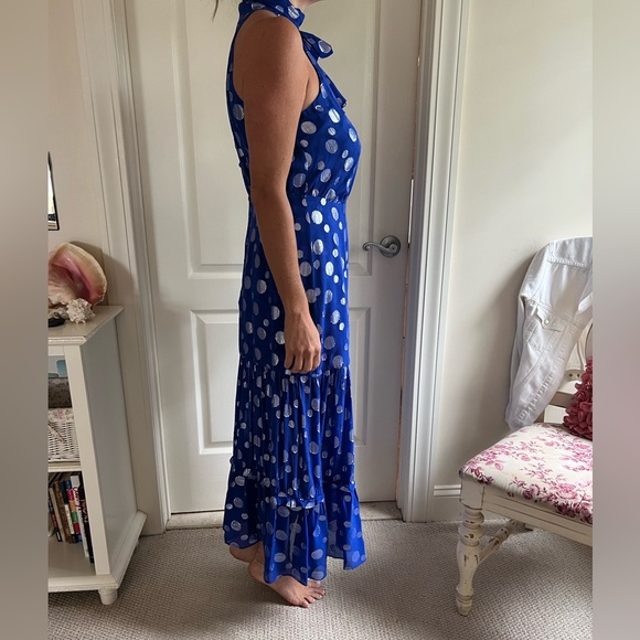 RIXO Eleanor Lame Blue and Silver Polka Dot Sleeveless Dress - Picture 2 of 7